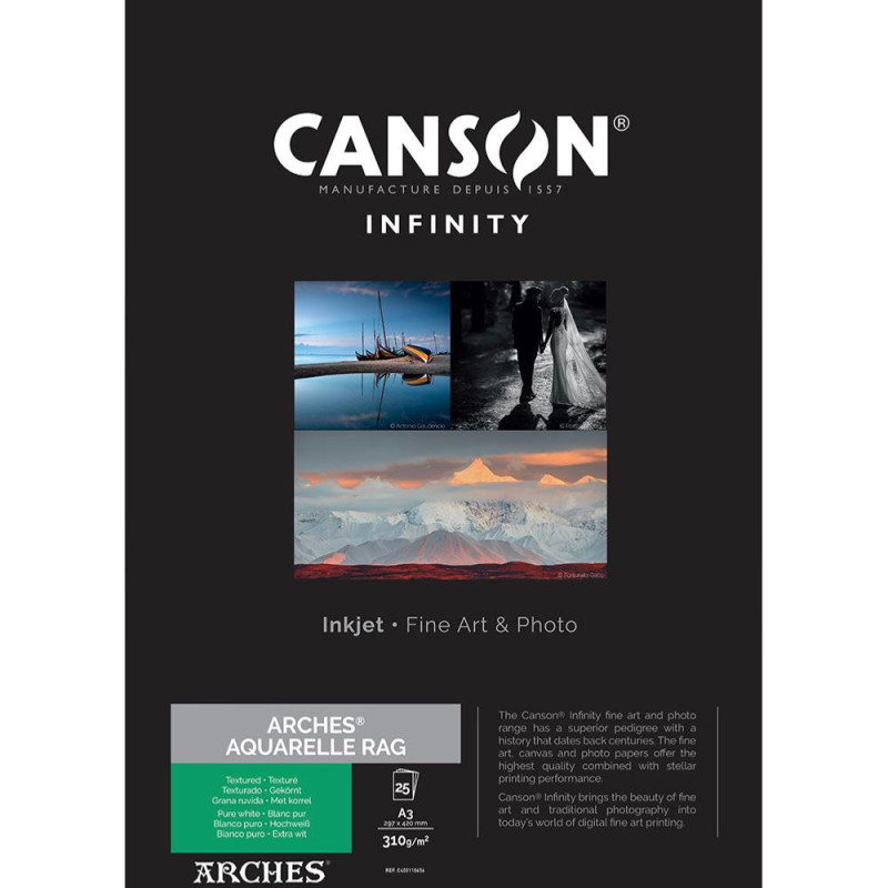 Papier CANSON INFINITY Arches® Aquarelle Rag 310g A3+ 25 feuilles